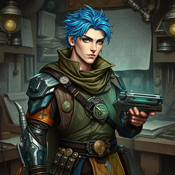 A male Kalashtar artificer with blue hair and striking green eyes, exuding an aura of innovation and arcane mystery