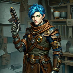 A male Kalashtar artificer with blue hair and striking green eyes, exuding an aura of innovation and arcane mystery