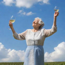 An elderly woman joyfully ascending towards the heavenly skies, a glass of wine in hand celebrating the journey.