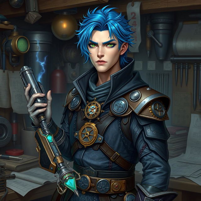 A male Kalashtar artificer with blue hair and striking green eyes, exuding an aura of innovation and arcane mystery