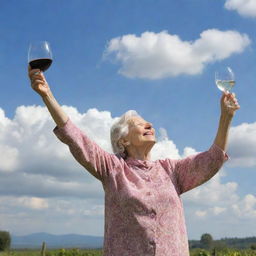 An elderly woman joyfully ascending towards the heavenly skies, a glass of wine in hand celebrating the journey.