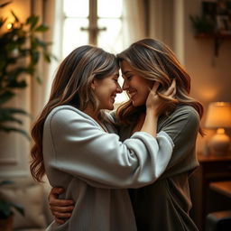 Romantic and intimate portrayal of two women expressing affection for each other in a tender and beautiful embrace, surrounded by a serene and inviting environment