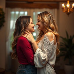 Romantic and intimate portrayal of two women expressing affection for each other in a tender and beautiful embrace, surrounded by a serene and inviting environment