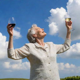 An elderly woman joyfully ascending towards the heavenly skies, a glass of wine in hand celebrating the journey.