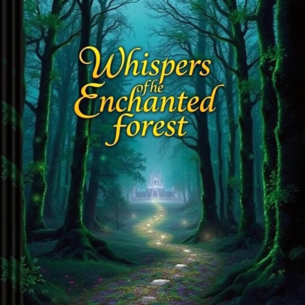 A captivating book cover featuring a mysterious, enchanted forest at dusk