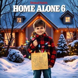 Create a movie poster for "Home Alone 6" featuring a mischievous and clever young boy standing in a festive, snow-covered suburban neighborhood