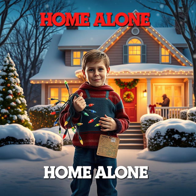 Create a movie poster for "Home Alone 6" featuring a mischievous and clever young boy standing in a festive, snow-covered suburban neighborhood