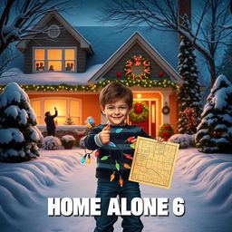 Create a movie poster for "Home Alone 6" featuring a mischievous and clever young boy standing in a festive, snow-covered suburban neighborhood