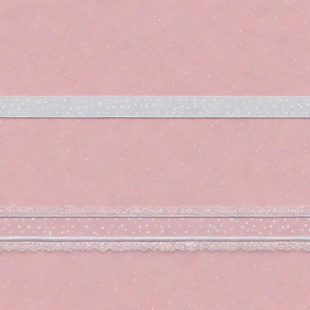 A highly detailed background in a rich, baby pink hue, densely adorned with sharp, crystal clear white polka dots and intricate, finely rendered white ribbons.