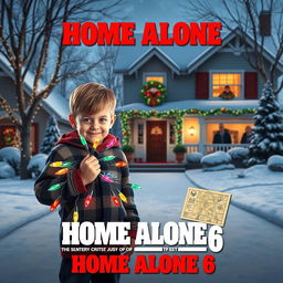 Create a movie poster for "Home Alone 6" featuring a mischievous and clever young boy standing in a festive, snow-covered suburban neighborhood