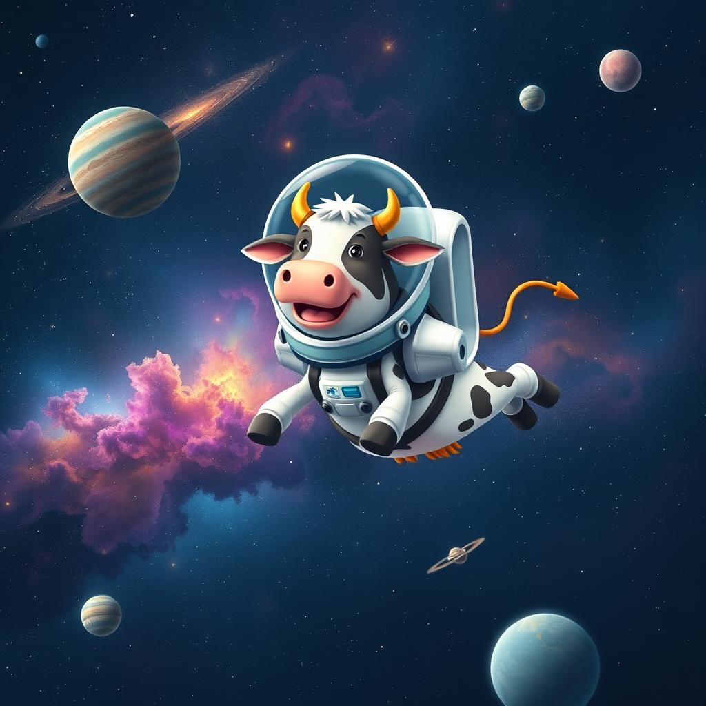 A whimsical scene of a cow dressed as an astronaut, wearing a space suit complete with a helmet, flying through the vastness of space