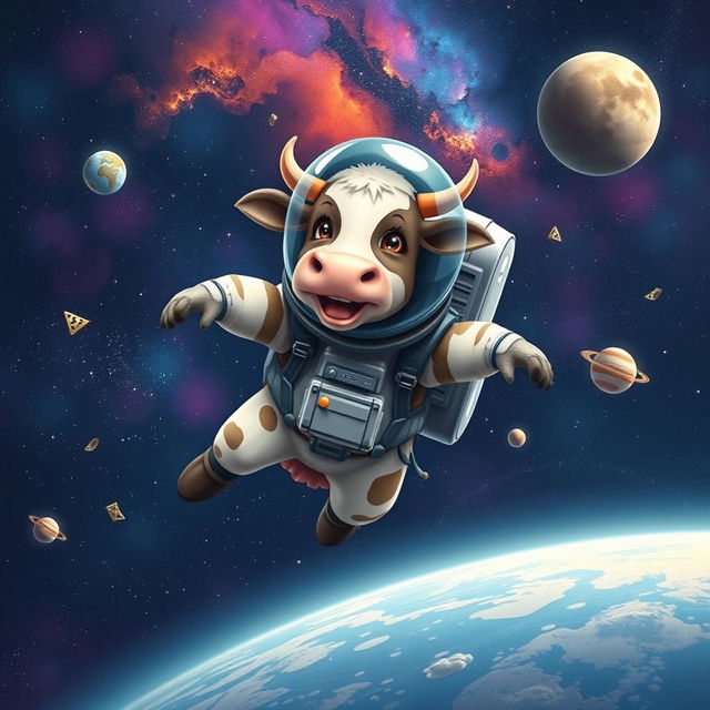 A whimsical scene of a cow dressed as an astronaut, wearing a space suit complete with a helmet, flying through the vastness of space