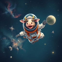 A whimsical scene of a cow dressed as an astronaut, wearing a space suit complete with a helmet, flying through the vastness of space