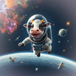 A whimsical scene of a cow dressed as an astronaut, wearing a space suit complete with a helmet, flying through the vastness of space