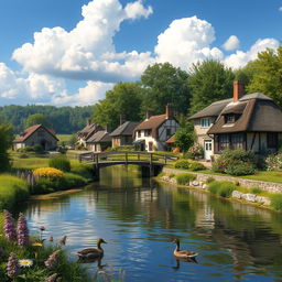 A serene village landscape with a river flowing through it