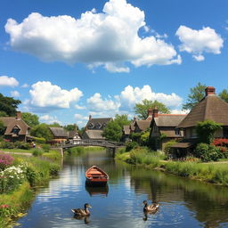 A serene village landscape with a river flowing through it