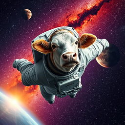 A hyper-realistic scene of a cow dressed as an astronaut, wearing a detailed space suit with a reflective helmet, flying majestically through space