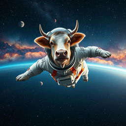 A hyper-realistic scene of a cow dressed as an astronaut, wearing a detailed space suit with a reflective helmet, flying majestically through space