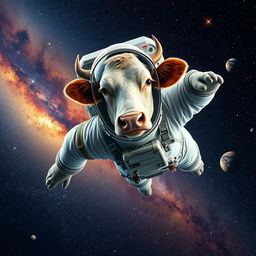 A hyper-realistic scene of a cow dressed as an astronaut, wearing a detailed space suit with a reflective helmet, flying majestically through space