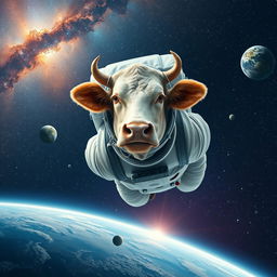 A hyper-realistic scene of a cow dressed as an astronaut, wearing a detailed space suit with a reflective helmet, flying majestically through space