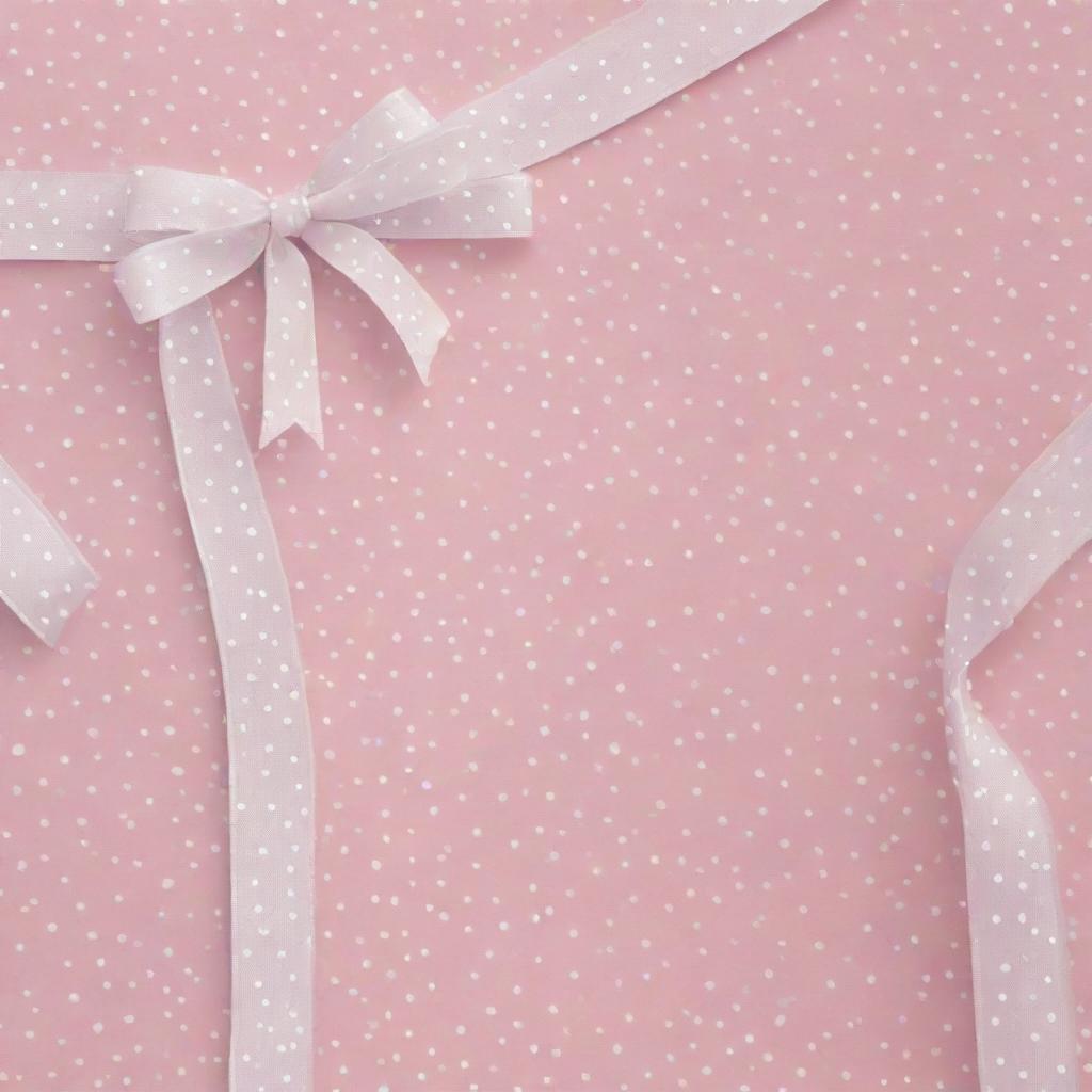 A highly detailed background in a rich, baby pink hue, densely adorned with sharp, crystal clear white polka dots and intricate, finely rendered white ribbons.