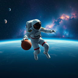 A hyper-realistic scene of an astronaut playing basketball in the vastness of space