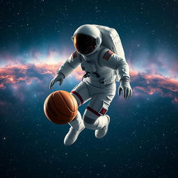 A hyper-realistic scene of an astronaut playing basketball in the vastness of space