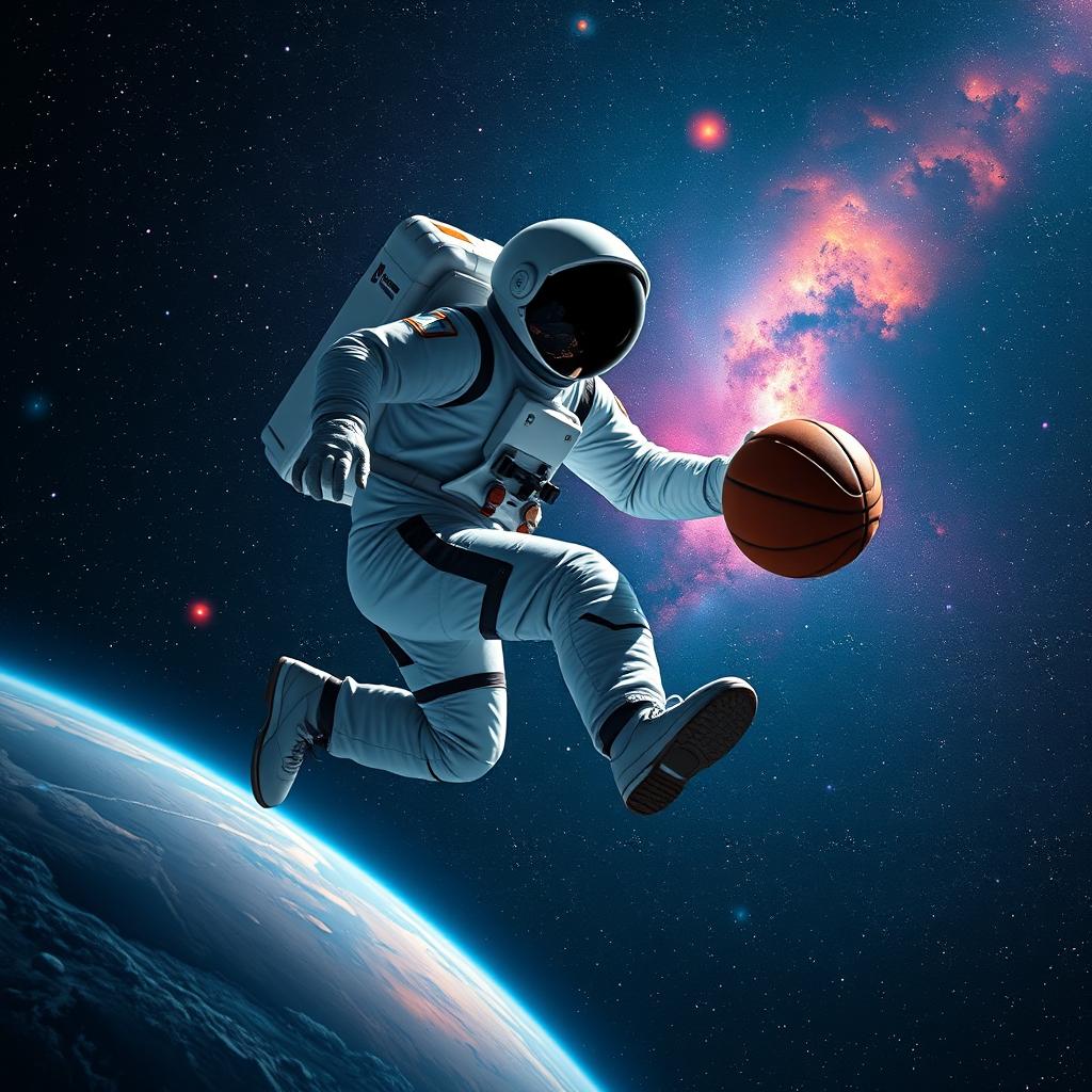 A hyper-realistic scene of an astronaut playing basketball in the vastness of space