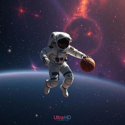 A hyper-realistic scene of an astronaut playing basketball in the vastness of space