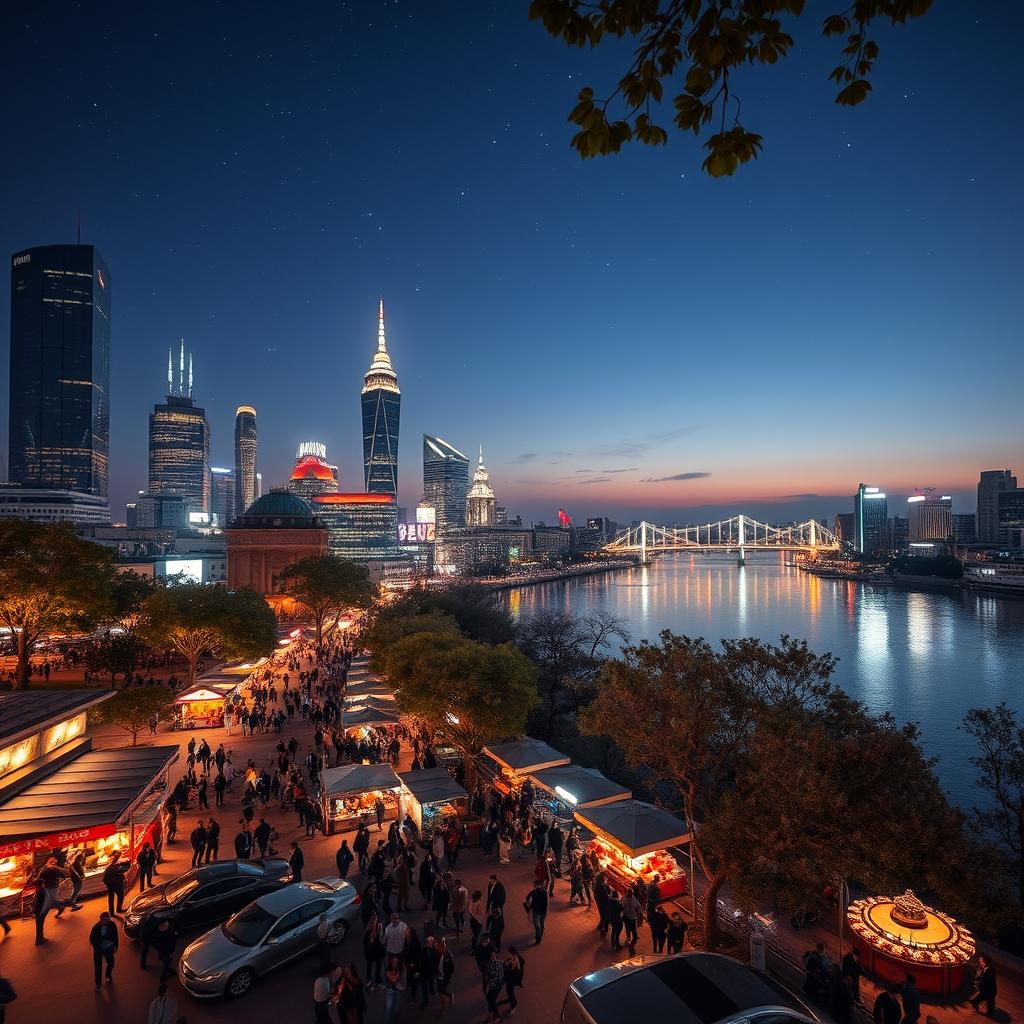 A scenic view of a bustling city at night, with lights reflecting on a river flowing through the center