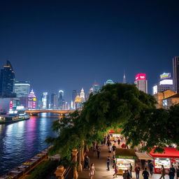 A scenic view of a bustling city at night, with lights reflecting on a river flowing through the center