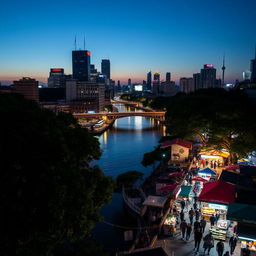 A scenic view of a bustling city at night, with lights reflecting on a river flowing through the center