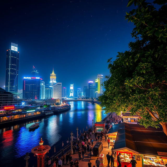 A scenic view of a bustling city at night, with lights reflecting on a river flowing through the center