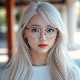 A beautiful Korean albino girl with long, flowing hair and captivating blue eyes