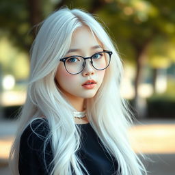 A beautiful Korean albino girl with long, flowing hair and captivating blue eyes