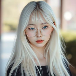 A beautiful Korean albino girl with long, flowing hair and captivating blue eyes