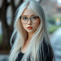 A beautiful Korean albino girl with long, flowing hair and captivating blue eyes