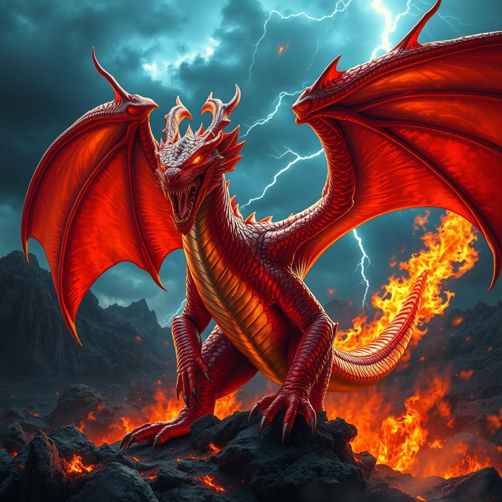 A dynamic and powerful red dragon in a fierce battle pose, engulfed in flames with wings spread wide