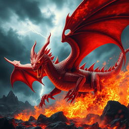 A dynamic and powerful red dragon in a fierce battle pose, engulfed in flames with wings spread wide