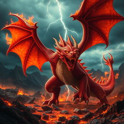 A dynamic and powerful red dragon in a fierce battle pose, engulfed in flames with wings spread wide