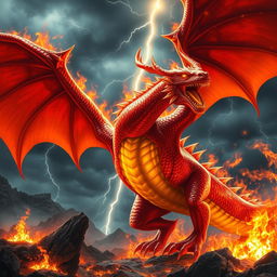 A dynamic and powerful red dragon in a fierce battle pose, engulfed in flames with wings spread wide