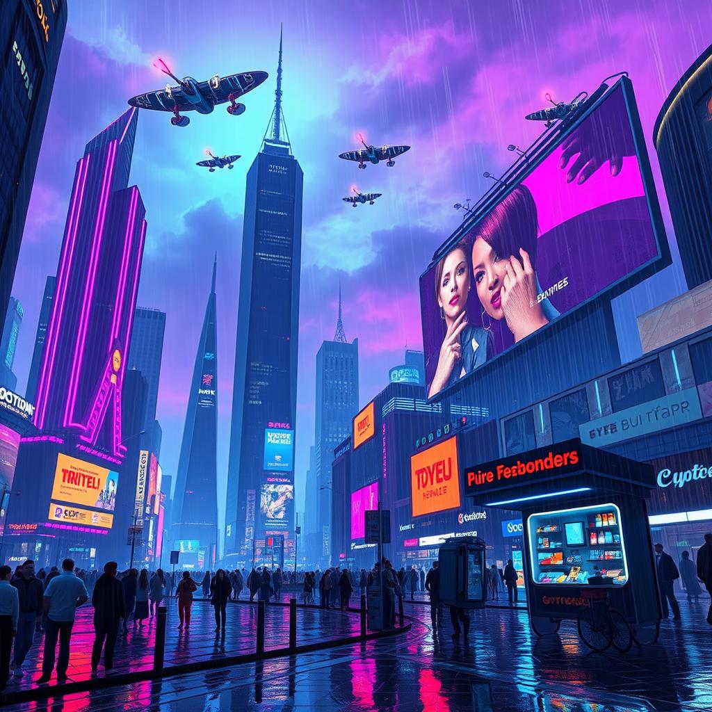 A vibrant and futuristic cyberpunk cityscape at night, featuring towering skyscrapers adorned with neon lights