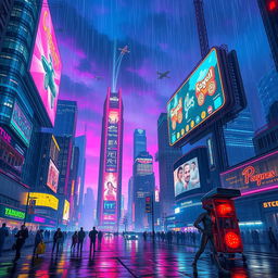 A vibrant and futuristic cyberpunk cityscape at night, featuring towering skyscrapers adorned with neon lights