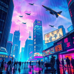 A vibrant and futuristic cyberpunk cityscape at night, featuring towering skyscrapers adorned with neon lights