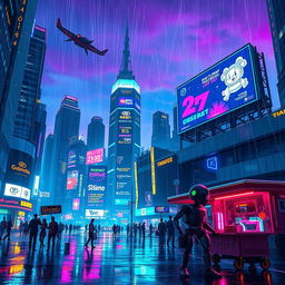 A vibrant and futuristic cyberpunk cityscape at night, featuring towering skyscrapers adorned with neon lights