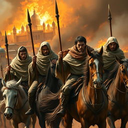 Four young men riding horses in the midst of a battle