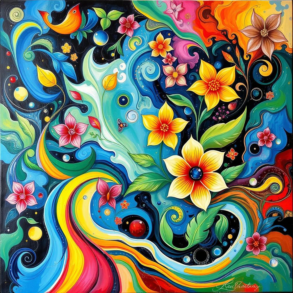 A vibrant and colorful abstract painting inspired by the beauty and complexity of nature