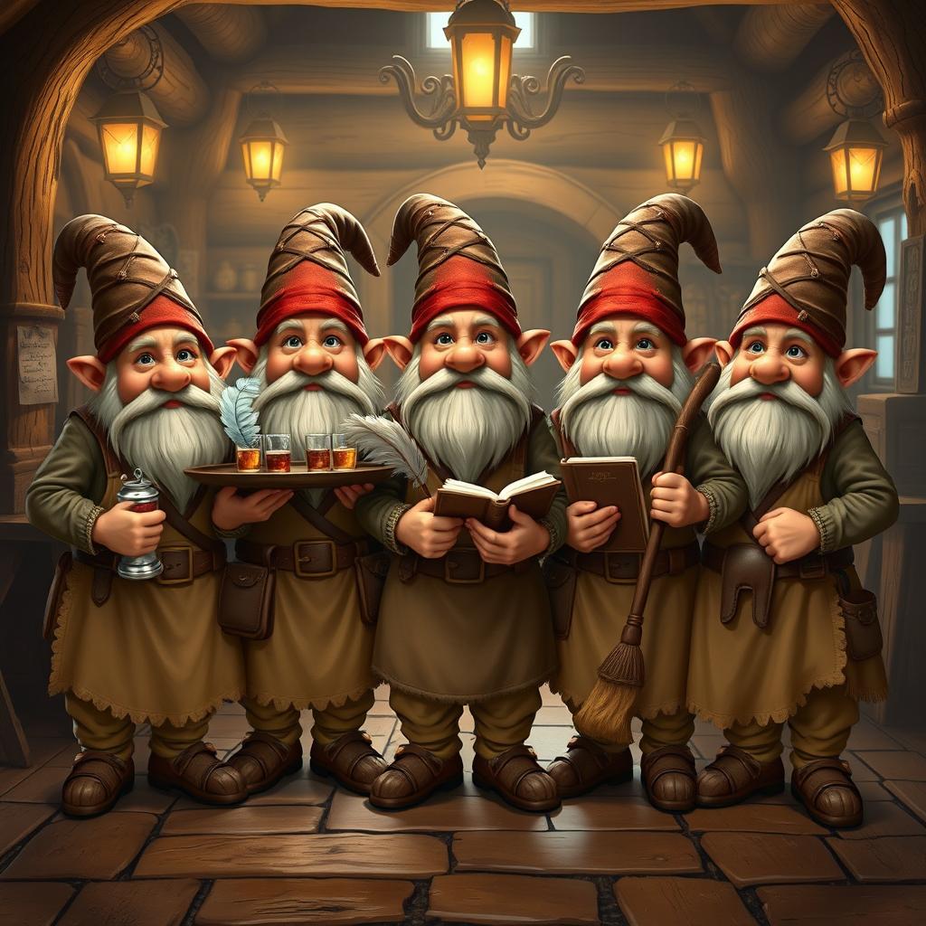 A group of five identical fantasy gnomes standing together, each featuring distinct facial hair and whimsical expressions