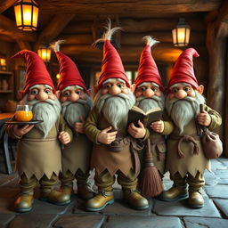 A group of five identical fantasy gnomes standing together, each featuring distinct facial hair and whimsical expressions