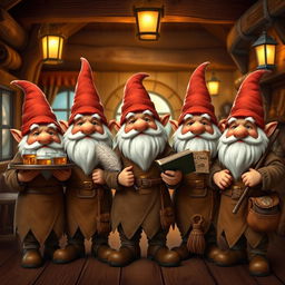 A group of five identical fantasy gnomes standing together, each featuring distinct facial hair and whimsical expressions